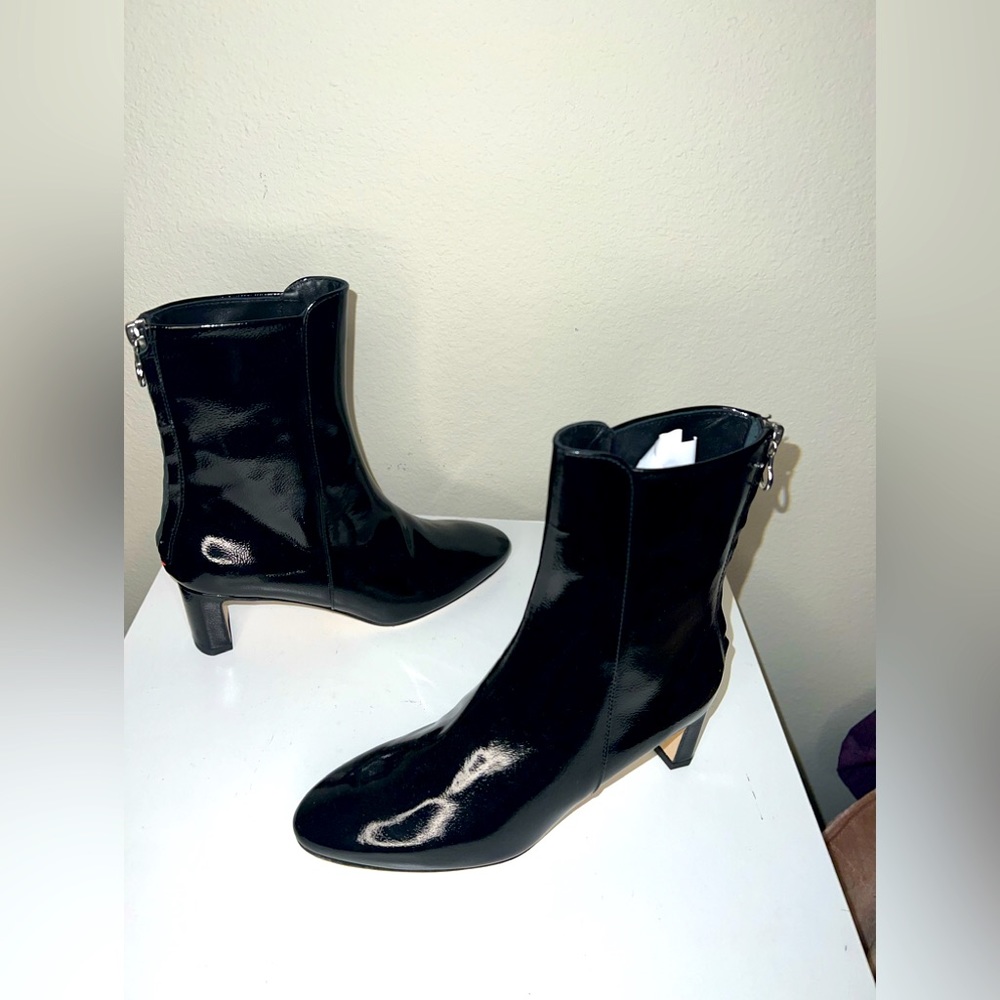 New Aeyde Donna Almond Toe 55mm Black Patent Leather Ankle Boots Sz 35